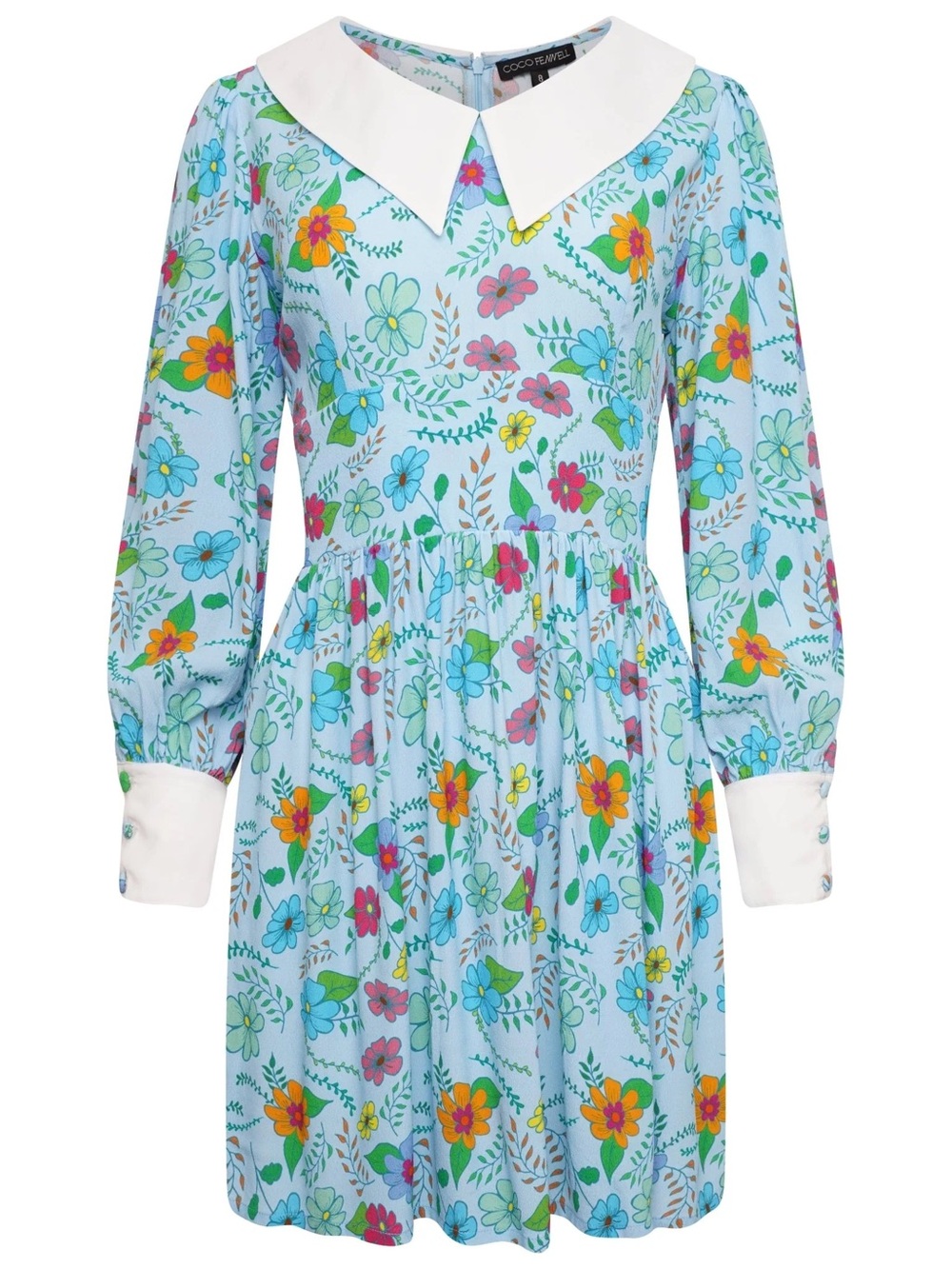 Light Blue Floral Mini Dress with White Peter Pan Collar mod 60s Twee